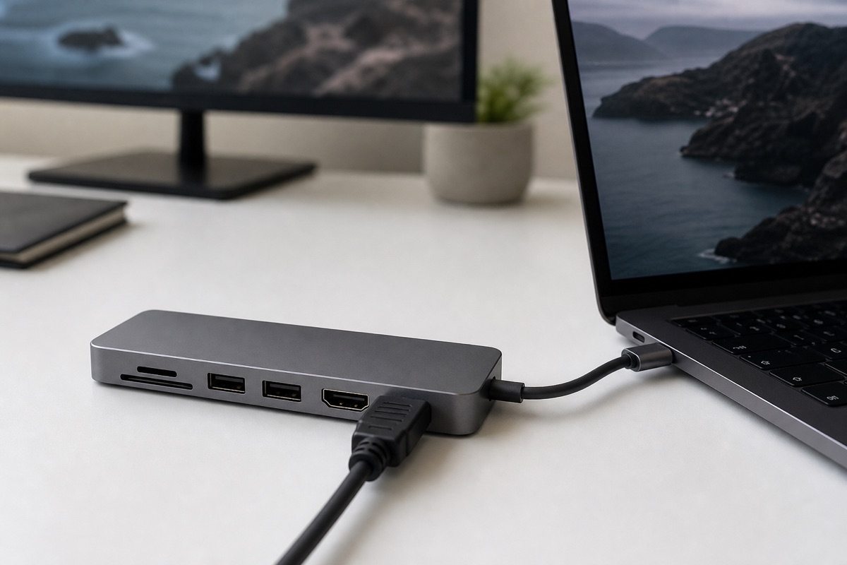 Hub USB-C multipuerto conectado a un portátil en un escritorio