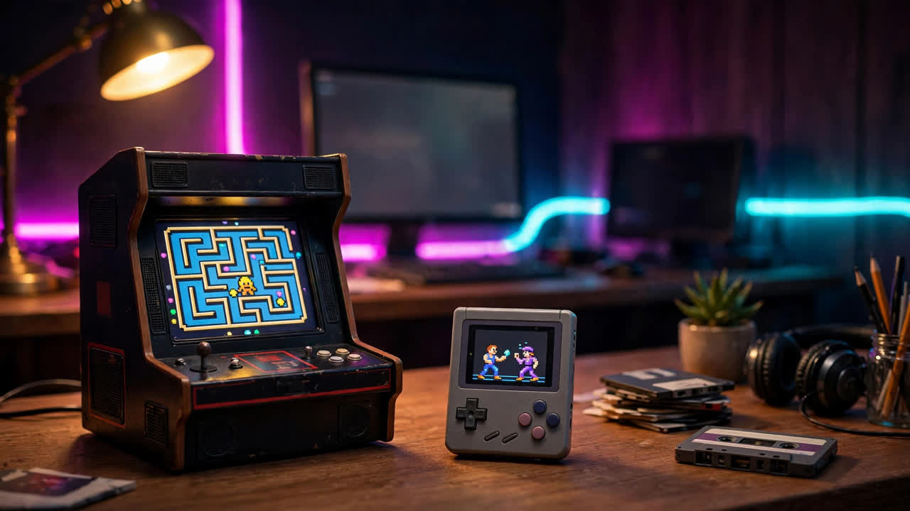 Escritorio de noche con una mini recreativa y una mini consola retro con pantalla propia, con neón magenta y cian al fondo