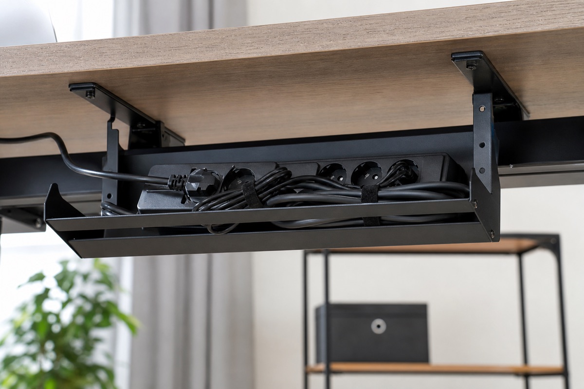 Bandeja metálica bajo el escritorio con regleta y cables organizados