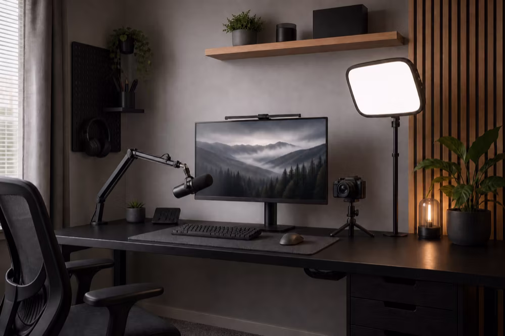 Estudio doméstico para creadores con micrófono, cámara, luz y auriculares