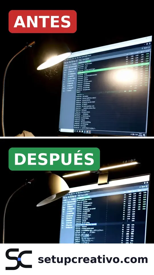 Fotogramas del vídeo: antes, un flexo deslumbra la pantalla; después, una barra de luz sobre el monitor