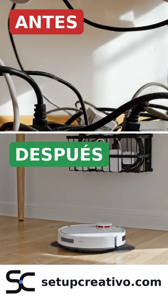 Fotogramas del vídeo: antes, cables por el suelo; después, regleta en una cesta bajo la mesa