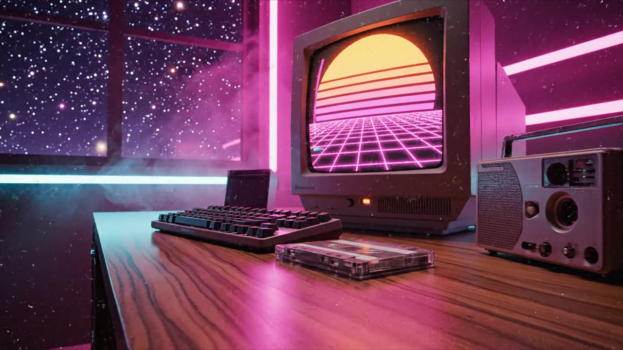 Escritorio de noche con tiras de neón magenta y cian detrás de la mesa y del monitor